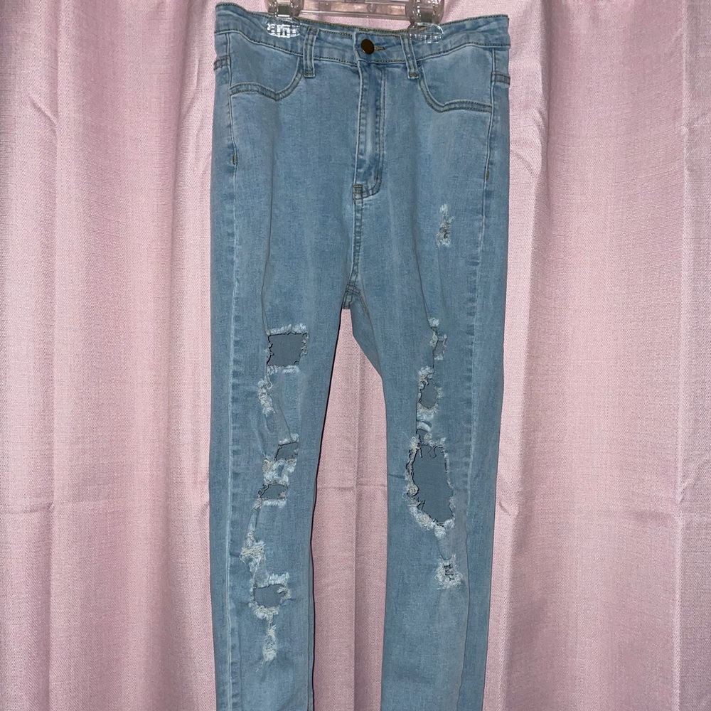 light blue high rise ripped jeans from shein
